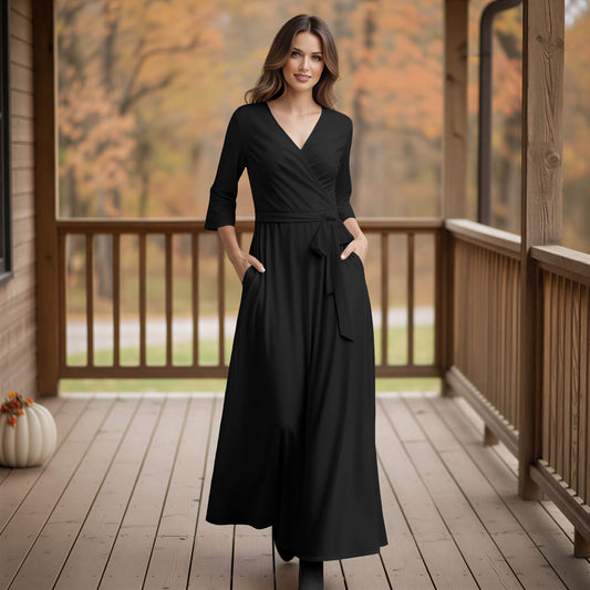 Three Quarter Sleeve Tie-Waist Wrap Maxi Dress