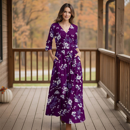 Three Quarter Sleeve Tie-Waist Wrap Maxi Dress - Floral