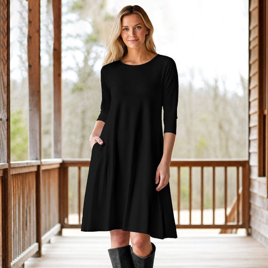 Three Quarter Sleeve A-Line Dress with Side Slits and Pockets