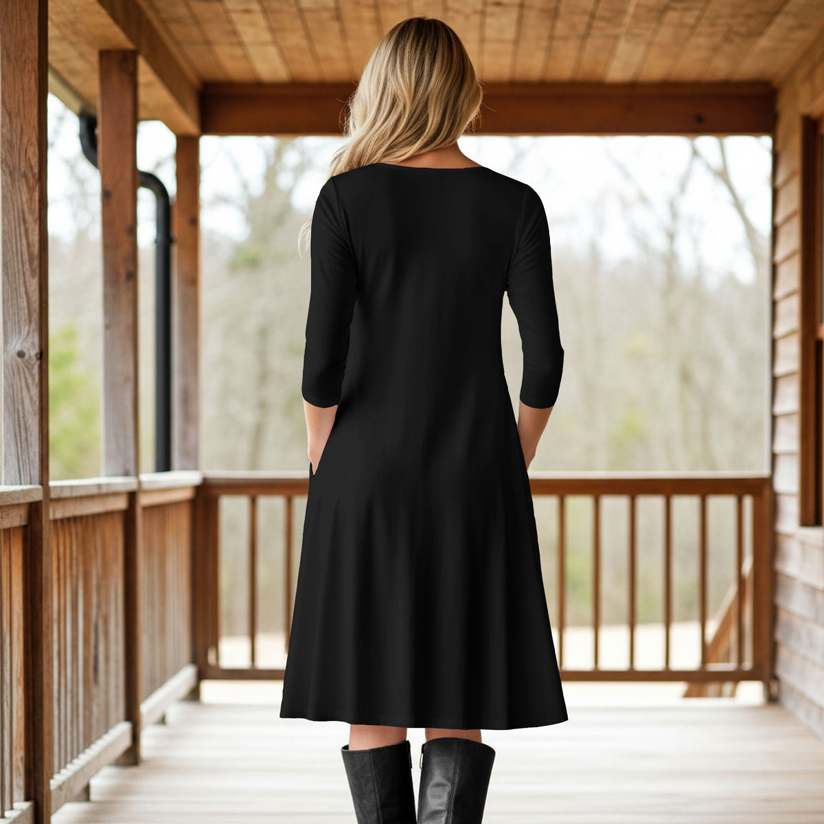 Three Quarter Sleeve A-Line Dress with Side Slits and Pockets