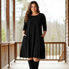 Three Quarter Sleeve A-Line Dress with Side Slits and Pockets