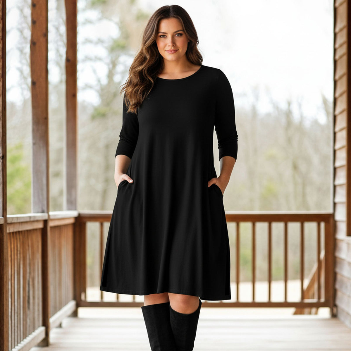 Three Quarter Sleeve A-Line Dress with Side Slits and Pockets
