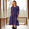 Three Quarter Sleeve A-Line Dress with Side Slits and Pockets - Floral