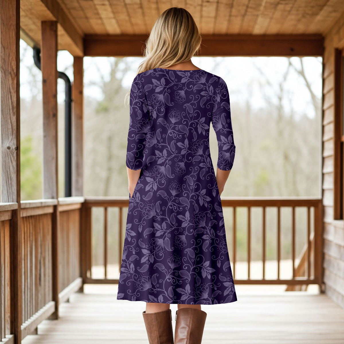 Three Quarter Sleeve A-Line Dress with Side Slits and Pockets - Floral