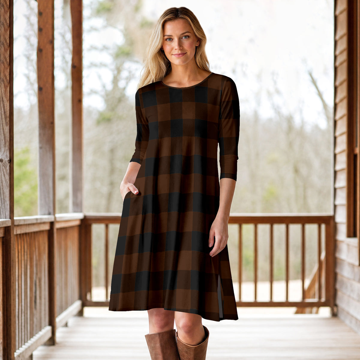 Three Quarter Sleeve A-Line Dress with Side Slits and Pockets - Plaid