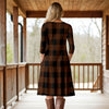 Three Quarter Sleeve A-Line Dress with Side Slits and Pockets - Plaid