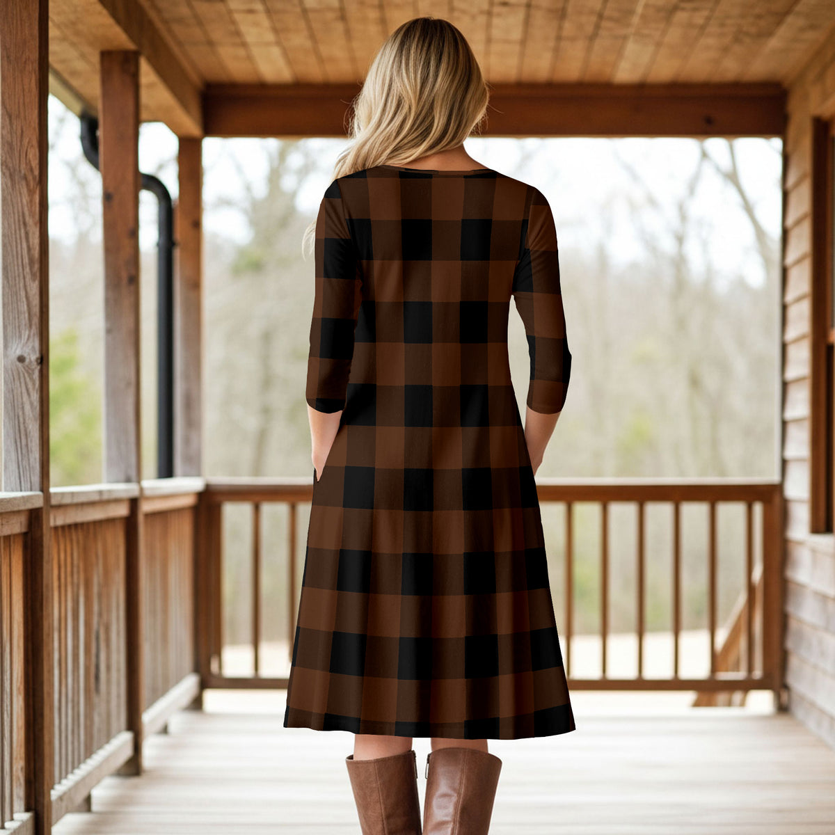 Three Quarter Sleeve A-Line Dress with Side Slits and Pockets - Plaid