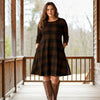 Three Quarter Sleeve A-Line Dress with Side Slits and Pockets - Plaid