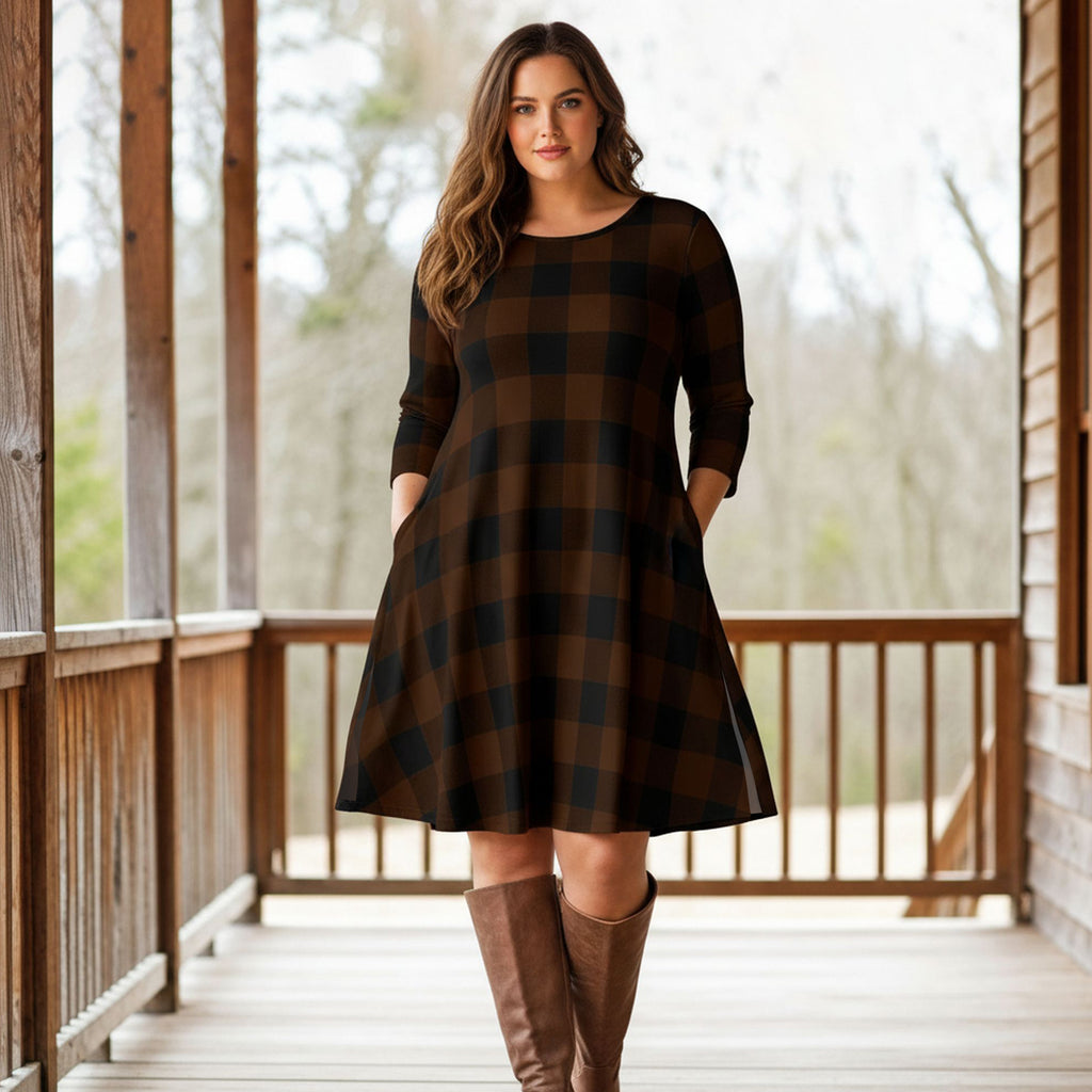 Three Quarter Sleeve A-Line Dress with Side Slits and Pockets - Plaid