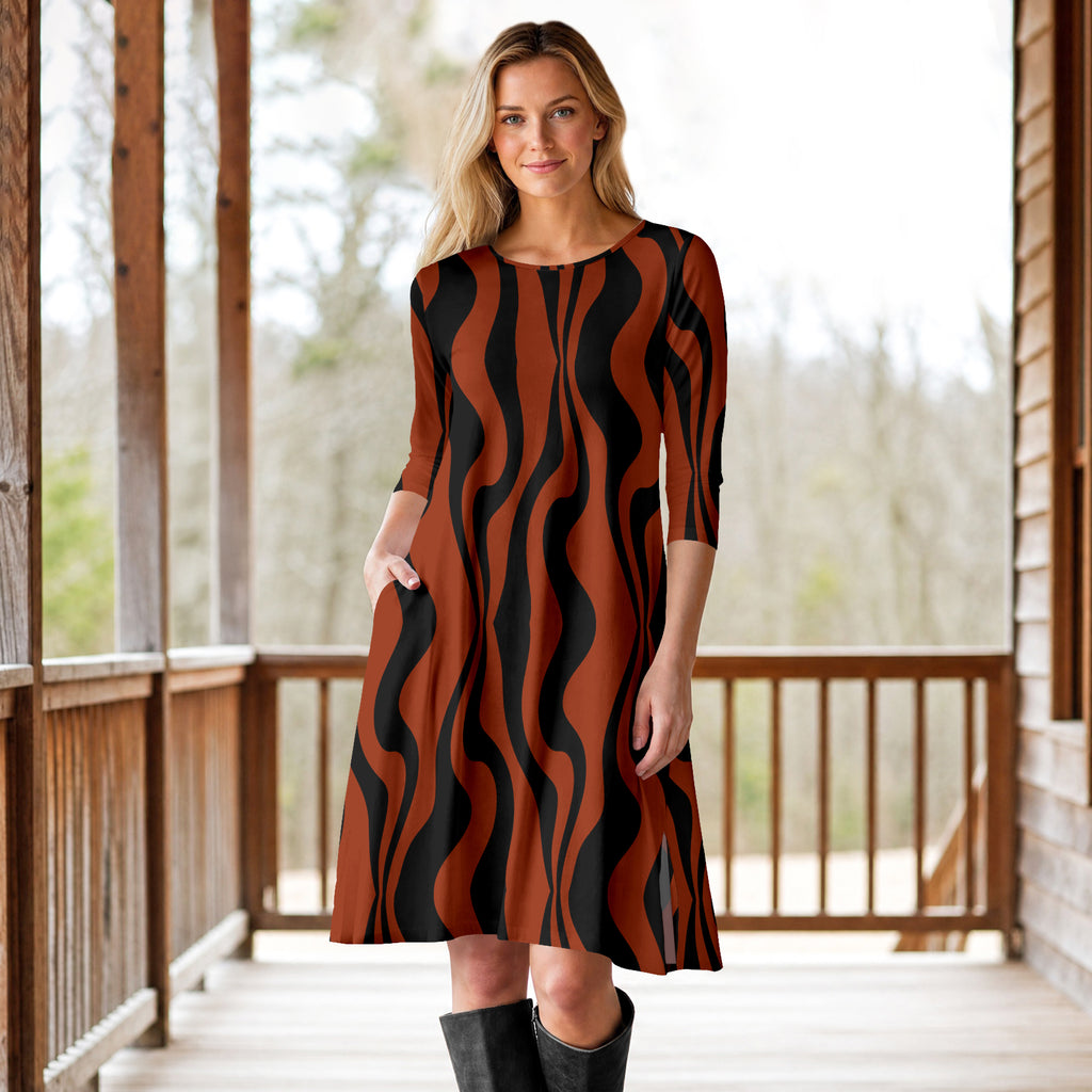 Three Quarter Sleeve A-Line Dress with Side Slits and Pockets - Abstract