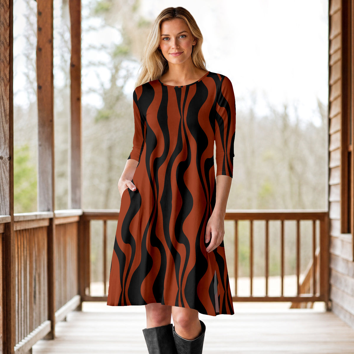 Three Quarter Sleeve A-Line Dress with Side Slits and Pockets - Abstract