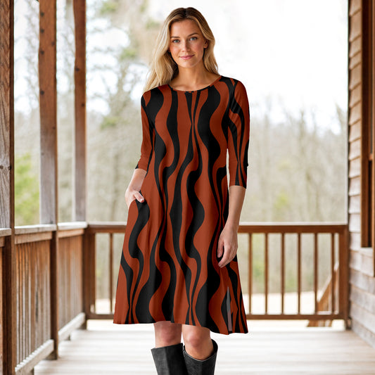 Three Quarter Sleeve A-Line Dress with Side Slits and Pockets - Abstract