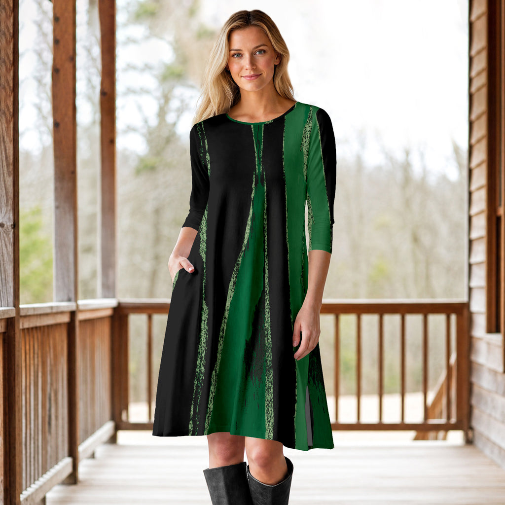 Three Quarter Sleeve A-Line Dress with Side Slits and Pockets - Abstract