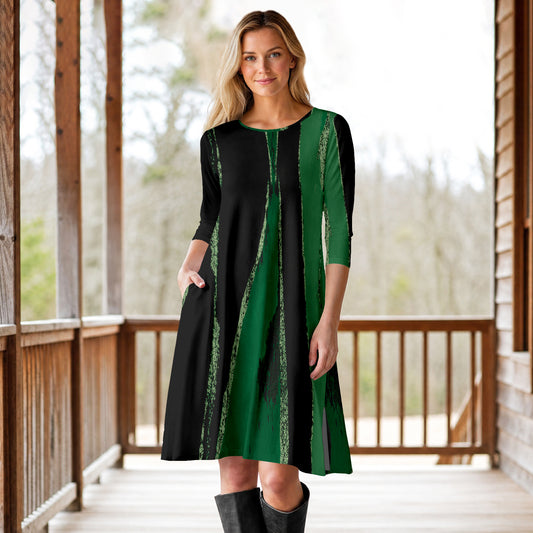 Three Quarter Sleeve A-Line Dress with Side Slits and Pockets - Abstract