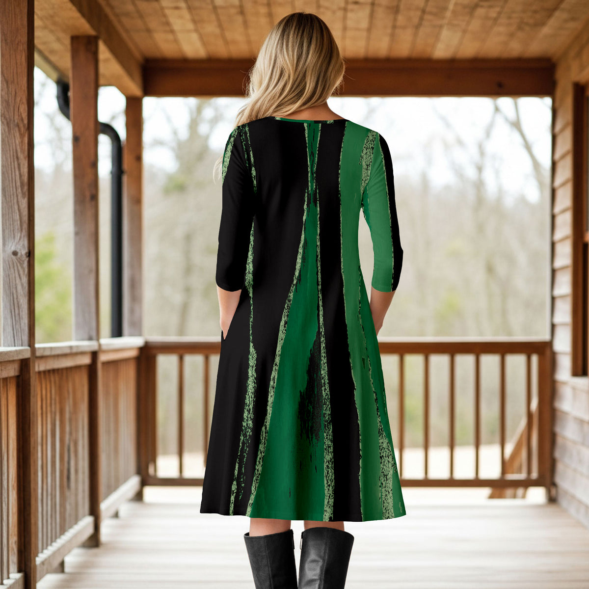 Three Quarter Sleeve A-Line Dress with Side Slits and Pockets - Abstract