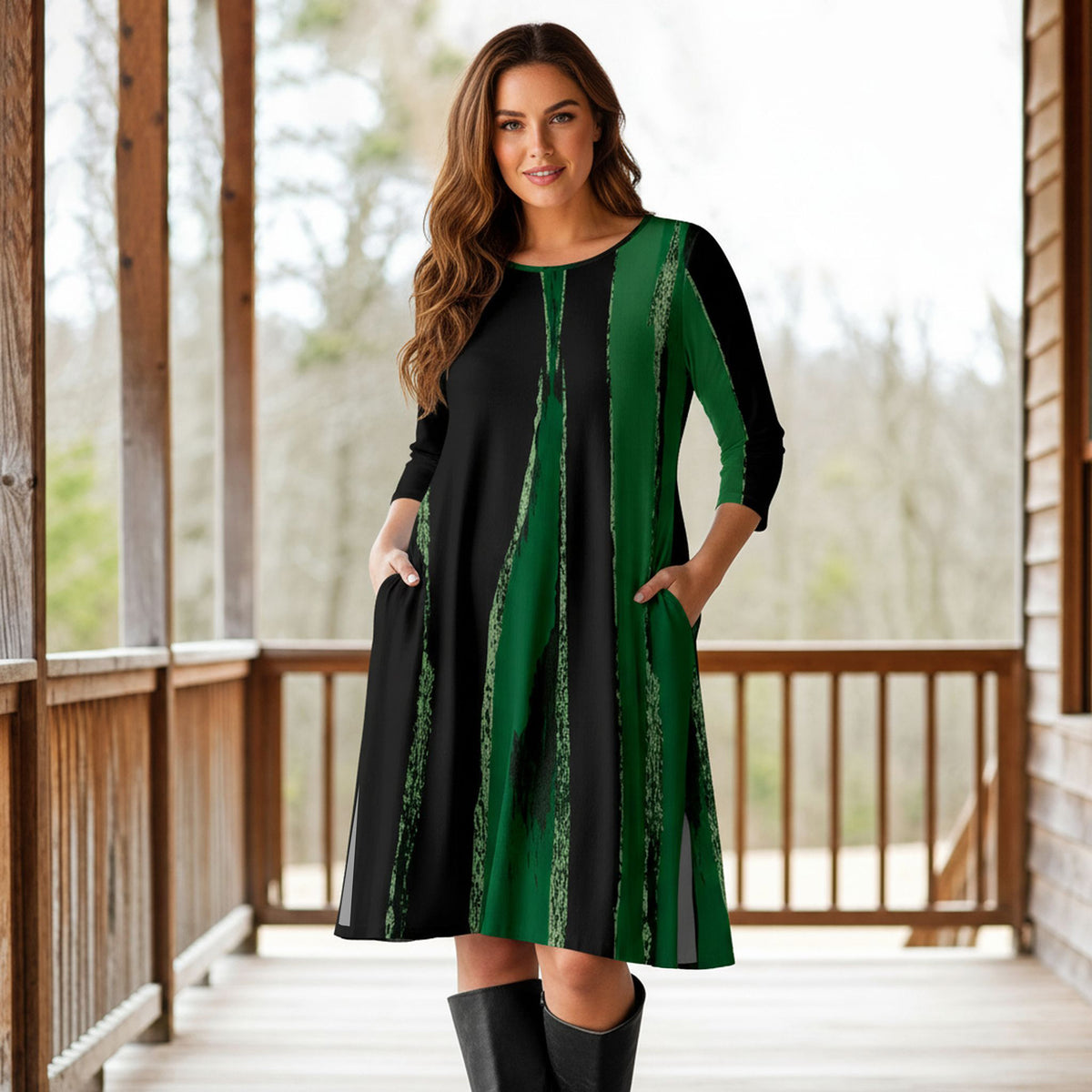 Three Quarter Sleeve A-Line Dress with Side Slits and Pockets - Abstract