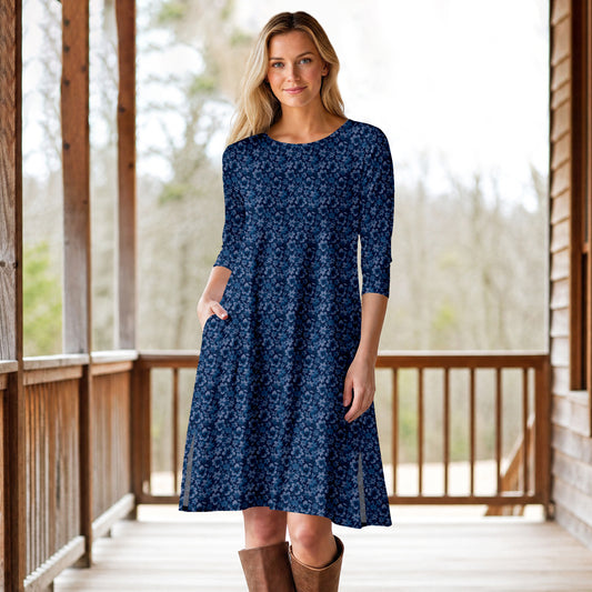 Three Quarter Sleeve A-Line Dress with Side Slits and Pockets - Floral