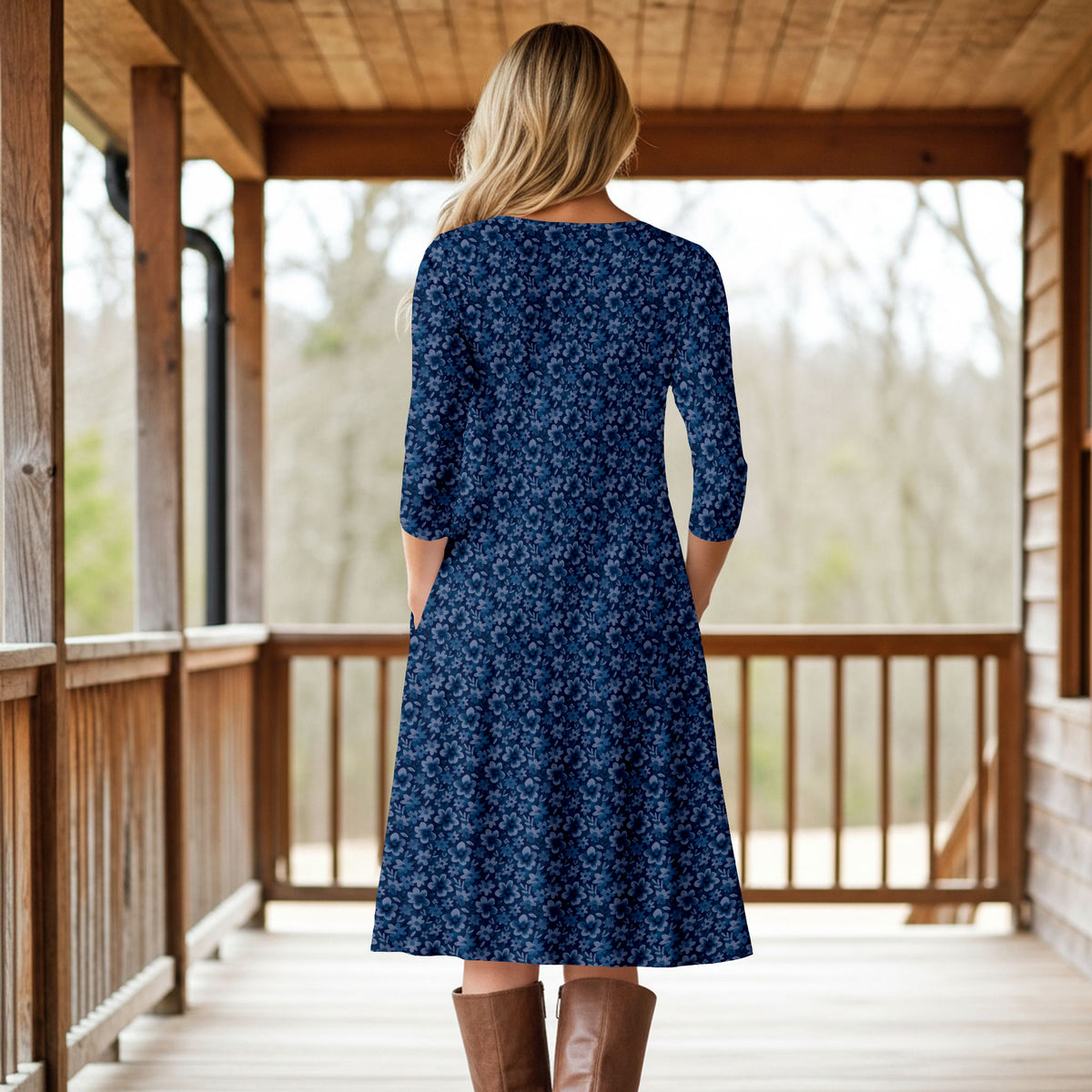 Three Quarter Sleeve A-Line Dress with Side Slits and Pockets - Floral