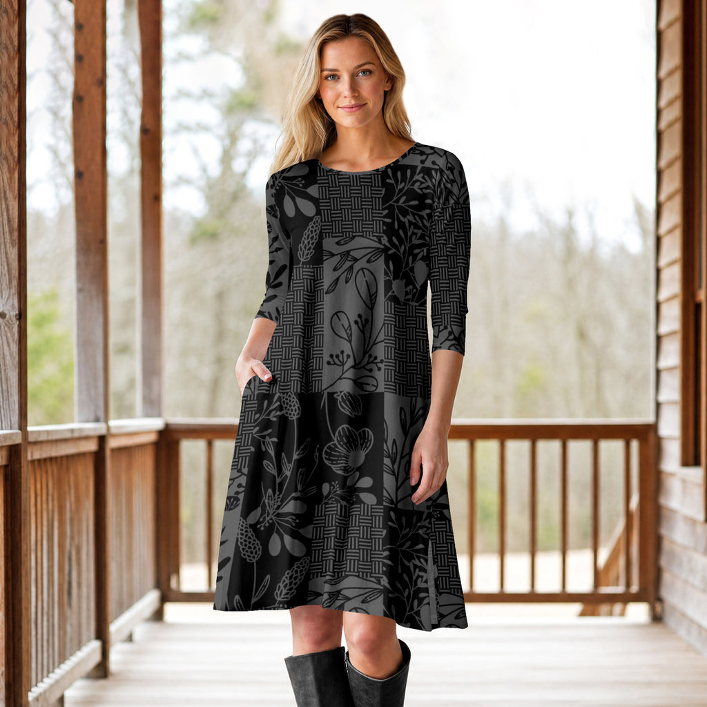 Three Quarter Sleeve A-Line Dress with Side Slits and Pockets - Patchwork