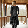 Three Quarter Sleeve A-Line Dress with Side Slits and Pockets - Patchwork