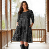 Three Quarter Sleeve A-Line Dress with Side Slits and Pockets - Patchwork