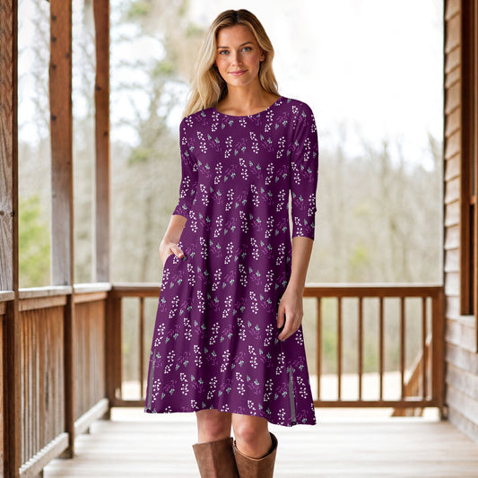 Three Quarter Sleeve A-Line Dress with Side Slits and Pockets - Floral