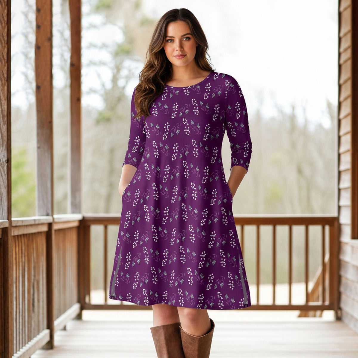 Three Quarter Sleeve A-Line Dress with Side Slits and Pockets - Floral