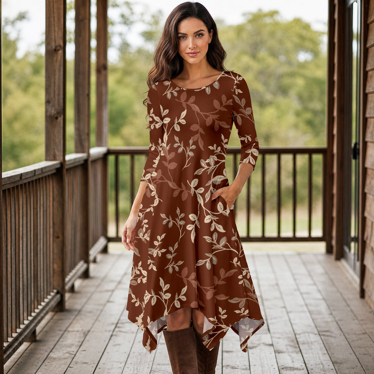 Three Quarter Sleeve Midi Dress with Pockets - Floral
