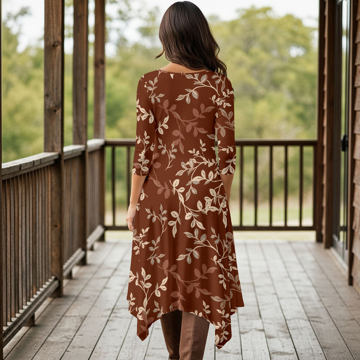 Three Quarter Sleeve Midi Dress with Pockets - Floral