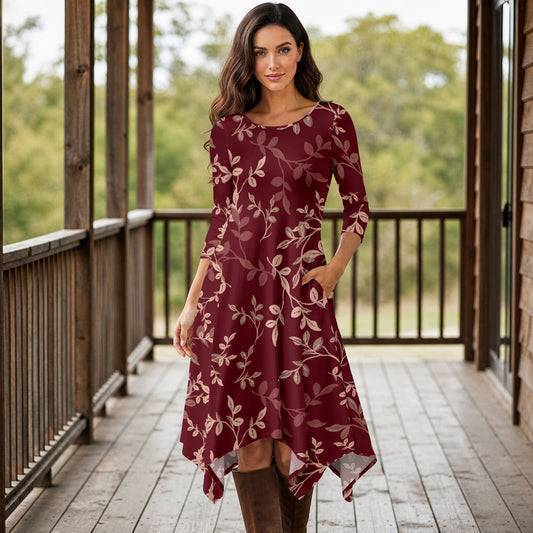 Three Quarter Sleeve Midi Dress with Pockets - Floral