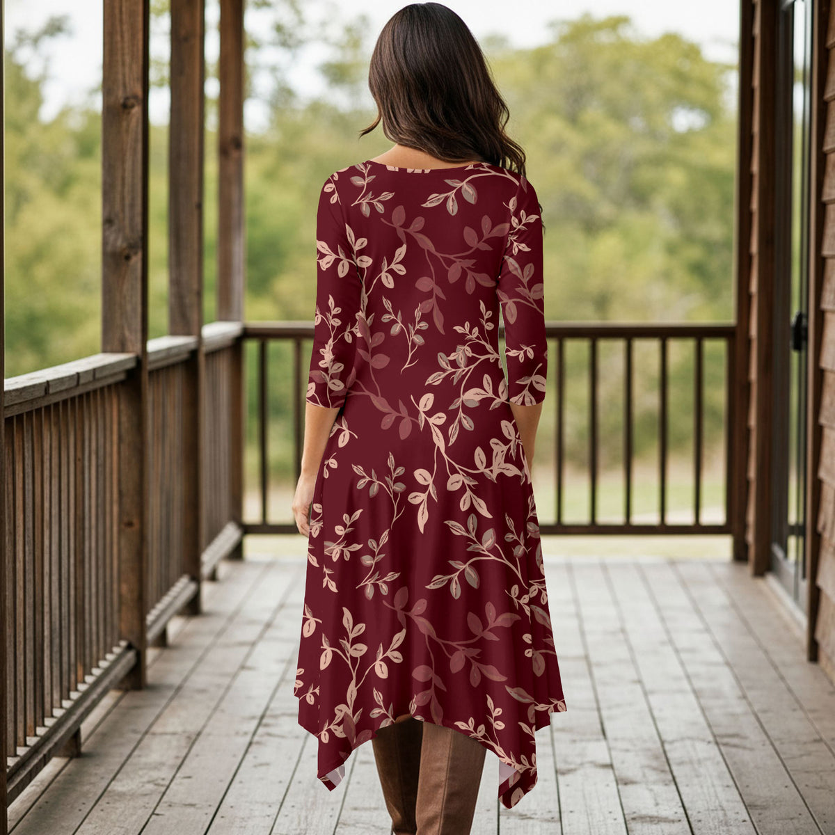 Three Quarter Sleeve Midi Dress with Pockets - Floral