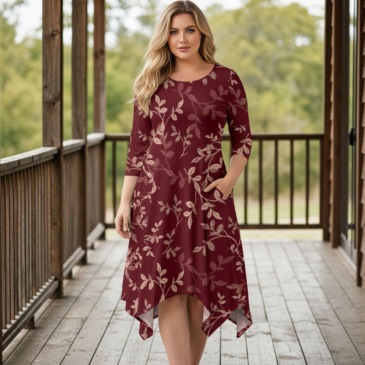 Three Quarter Sleeve Midi Dress with Pockets - Floral