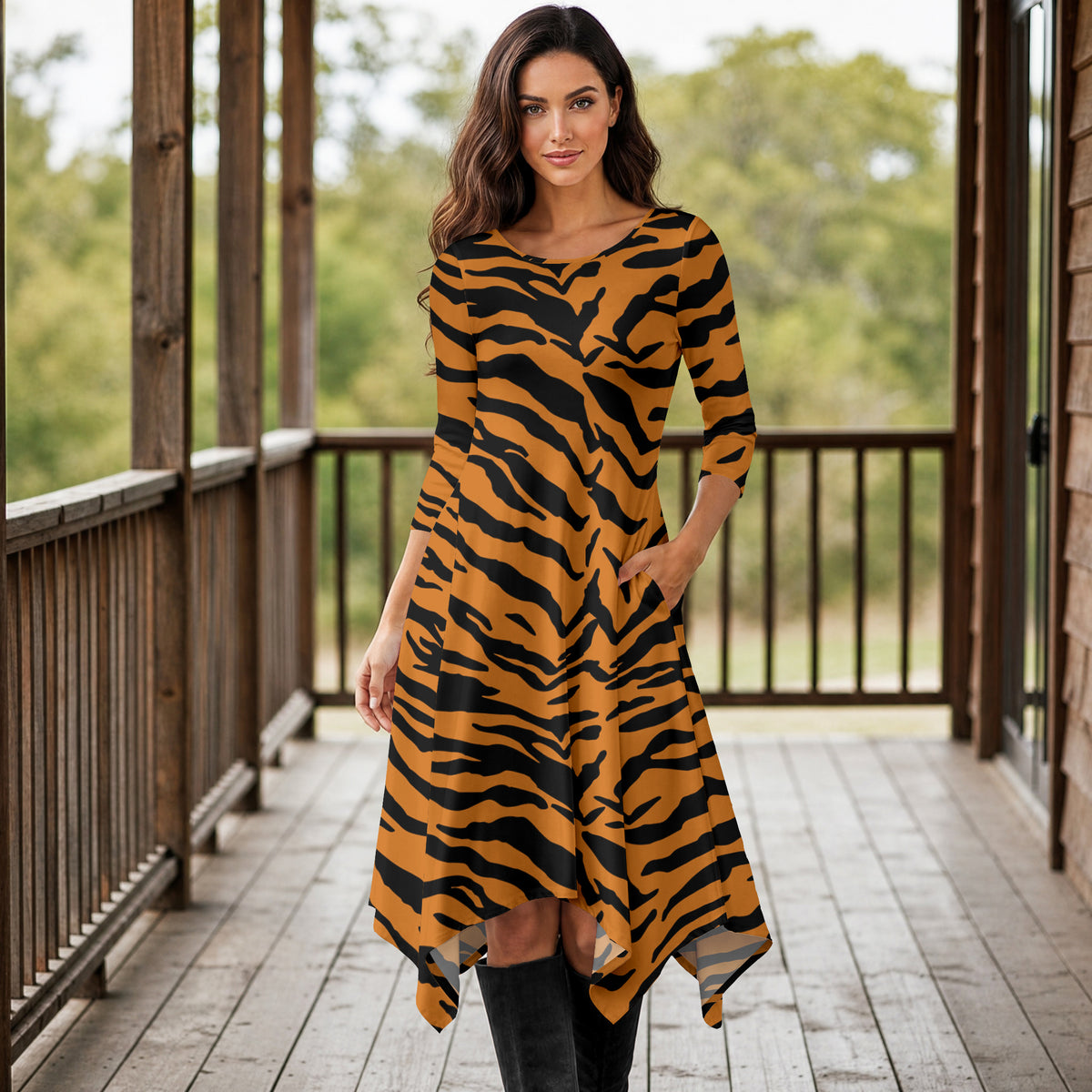 Three Quarter Sleeve Midi Dress with Pockets - Animal Print
