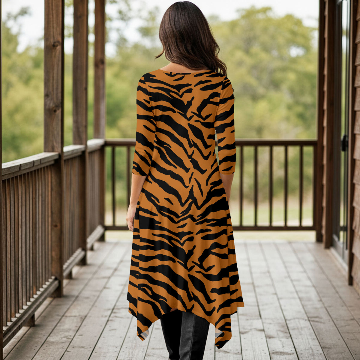 Three Quarter Sleeve Midi Dress with Pockets - Animal Print