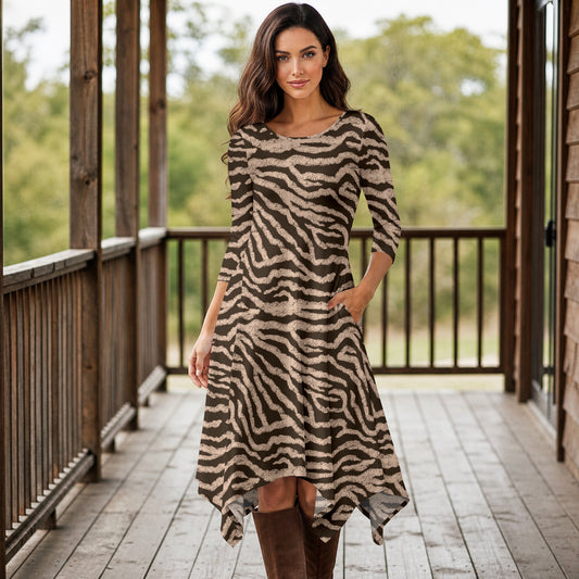 Three Quarter Sleeve Midi Dress with Pockets - Animal Print