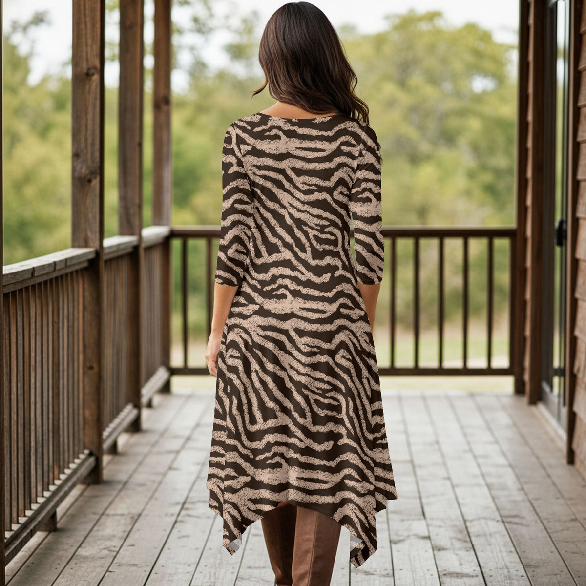 Three Quarter Sleeve Midi Dress with Pockets - Animal Print