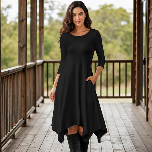 Three Quarter Sleeve Midi Dress with Pockets