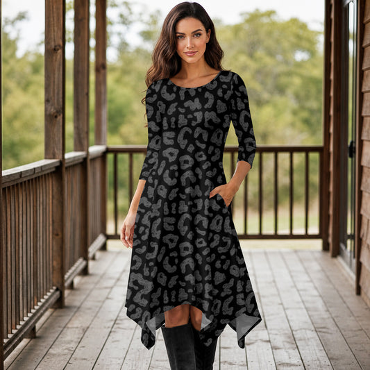 Three Quarter Sleeve Midi Dress with Pockets - Animal Print