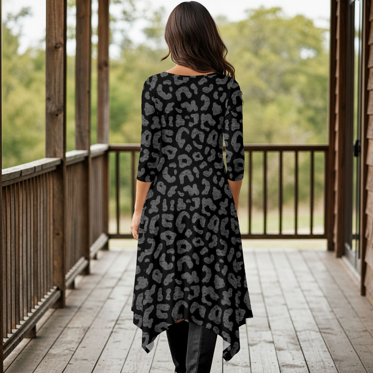 Three Quarter Sleeve Midi Dress with Pockets - Animal Print