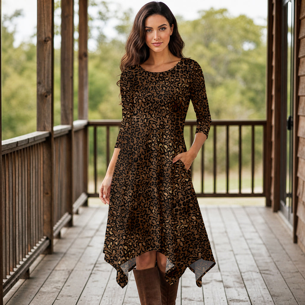 Three Quarter Sleeve Midi Dress with Pockets - Animal Print