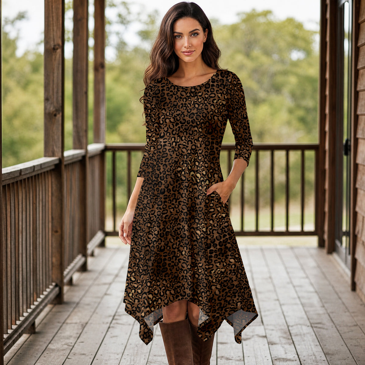 Three Quarter Sleeve Midi Dress with Pockets - Animal Print
