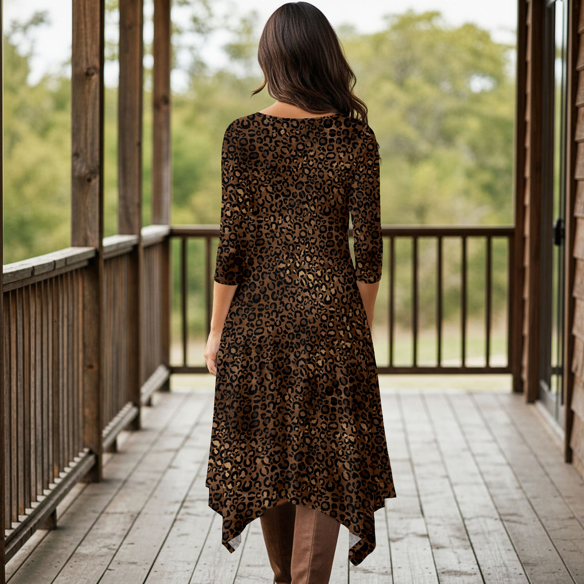 Three Quarter Sleeve Midi Dress with Pockets - Animal Print