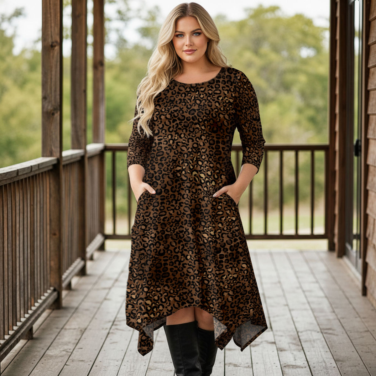 Three Quarter Sleeve Midi Dress with Pockets - Animal Print