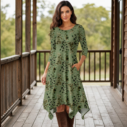 Three Quarter Sleeve Midi Dress with Pockets - Floral