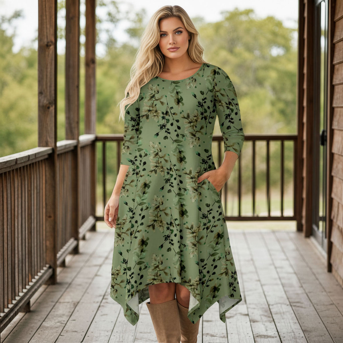 Three Quarter Sleeve Midi Dress with Pockets - Floral