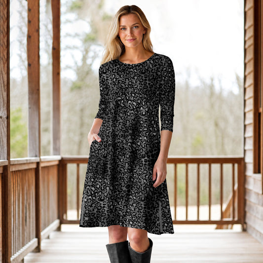 Three Quarter Sleeve A-Line Dress with Side Slits and Pockets - Animal Print