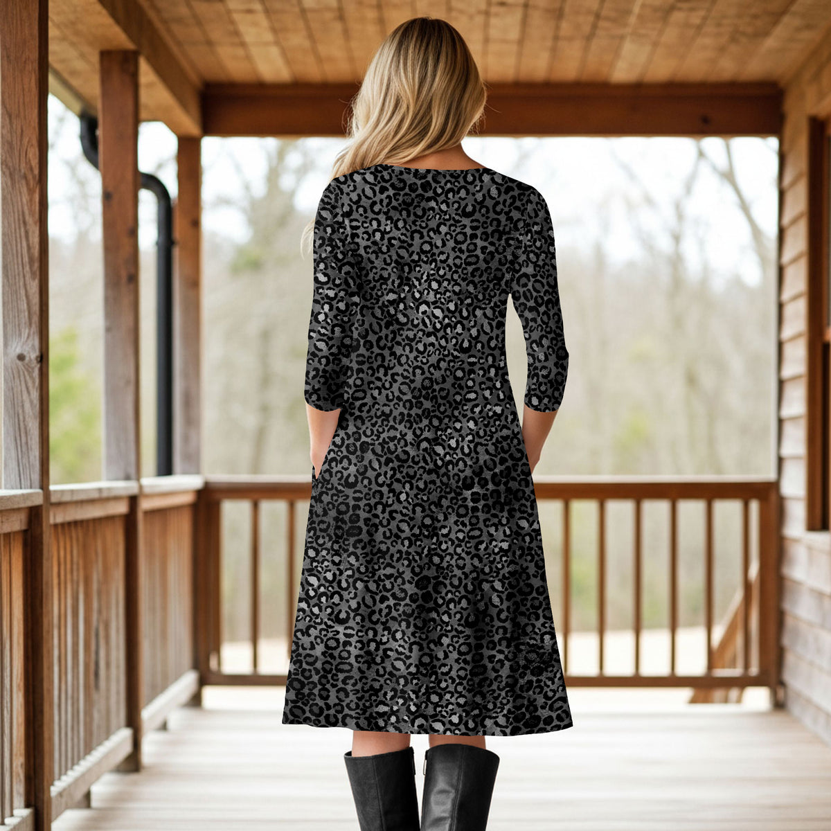 Three Quarter Sleeve A-Line Dress with Side Slits and Pockets - Animal Print