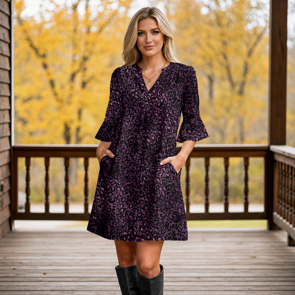 Notch Neck 3/4 Sleeve Ruffle Cuff Shift Dress with Pockets - Animal Print