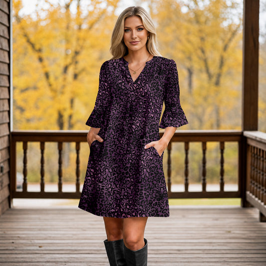 Notch Neck 3/4 Sleeve Ruffle Cuff Shift Dress with Pockets - Animal Print