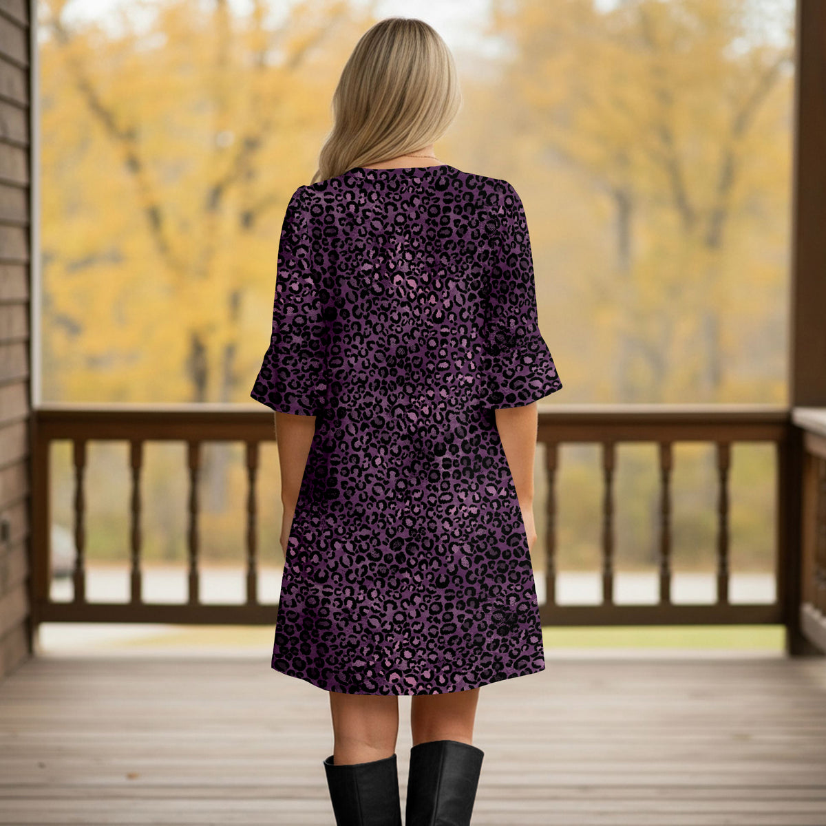 Notch Neck 3/4 Sleeve Ruffle Cuff Shift Dress with Pockets - Animal Print